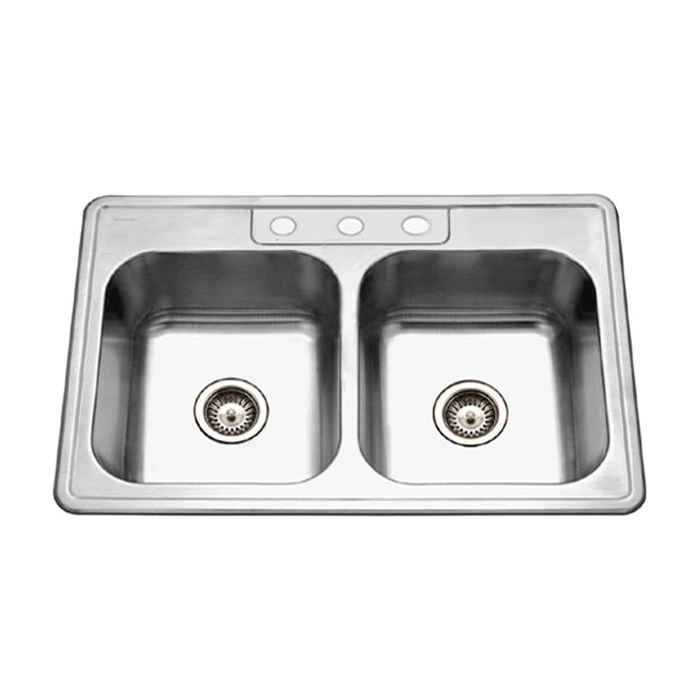 Hamat REV-3322DT-8-3-20 Topmount Stainless Steel 3-hole 50/50 Double Bowl Kitchen Sink, 8 Deep