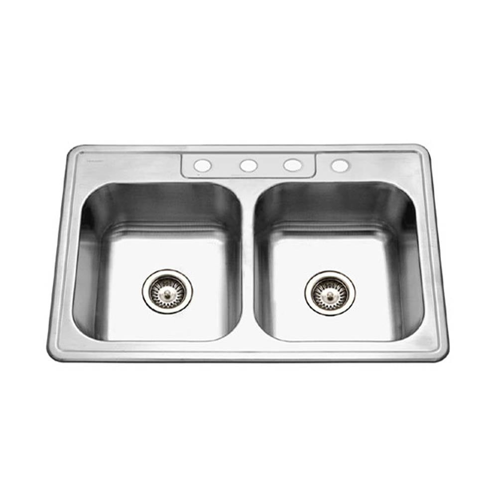 Hamat REV-3322DT-8-4-20 Topmount Stainless Steel 4-hole 50/50 Double Bowl Kitchen Sink, 8 Deep
