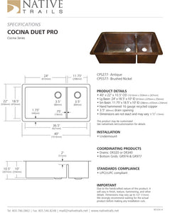 Native Trails CPK577 Cocina 40" Duet Pro Copper Undermount Kitchen Sink Brushed Nickel