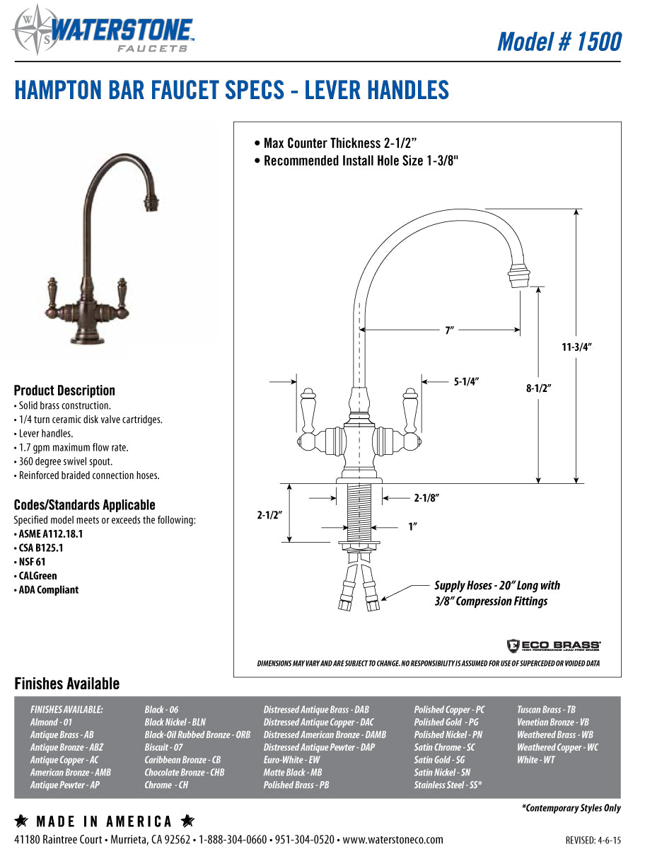 Waterstone 1500 Hampton Bar Faucet - Lever Handles - Parent