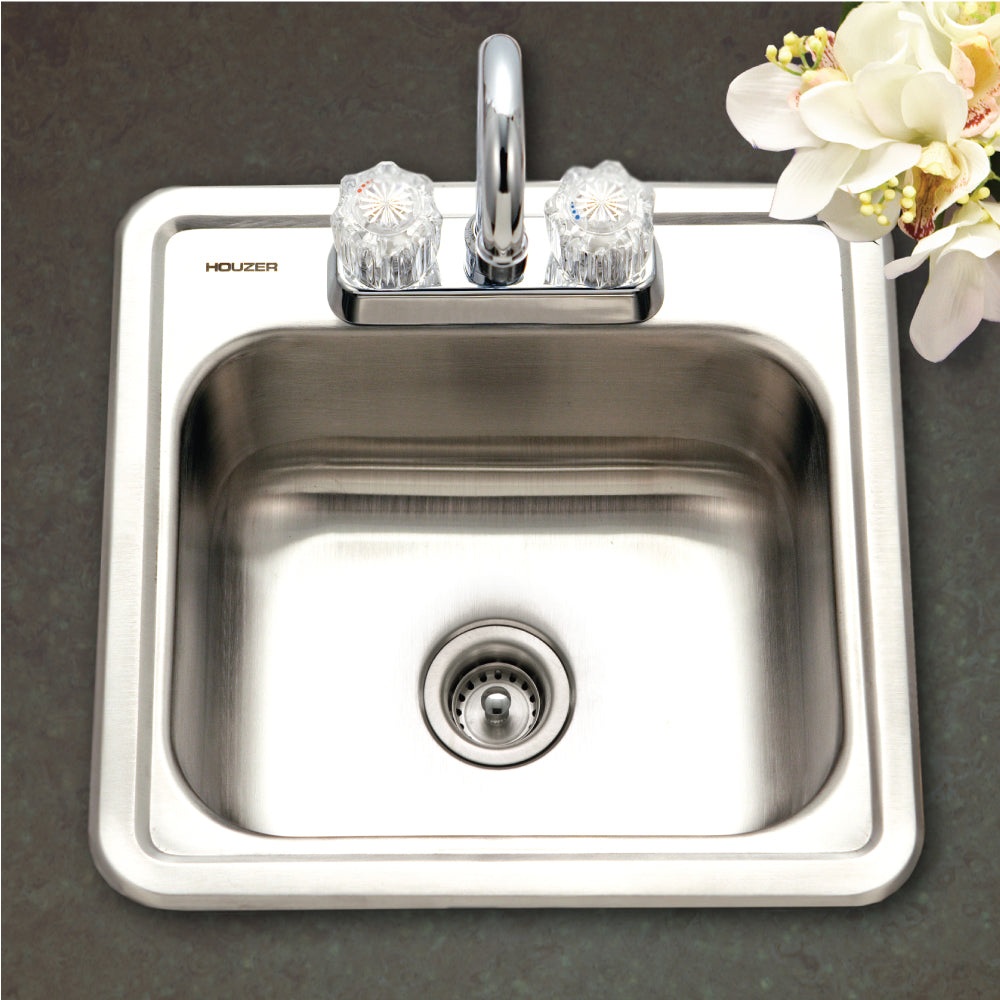 Houzer 1515-6BS-40 Hospitality 15 Inch Stainless Steel Drop-In Topmount 2-Hole Bar and Prep Sink