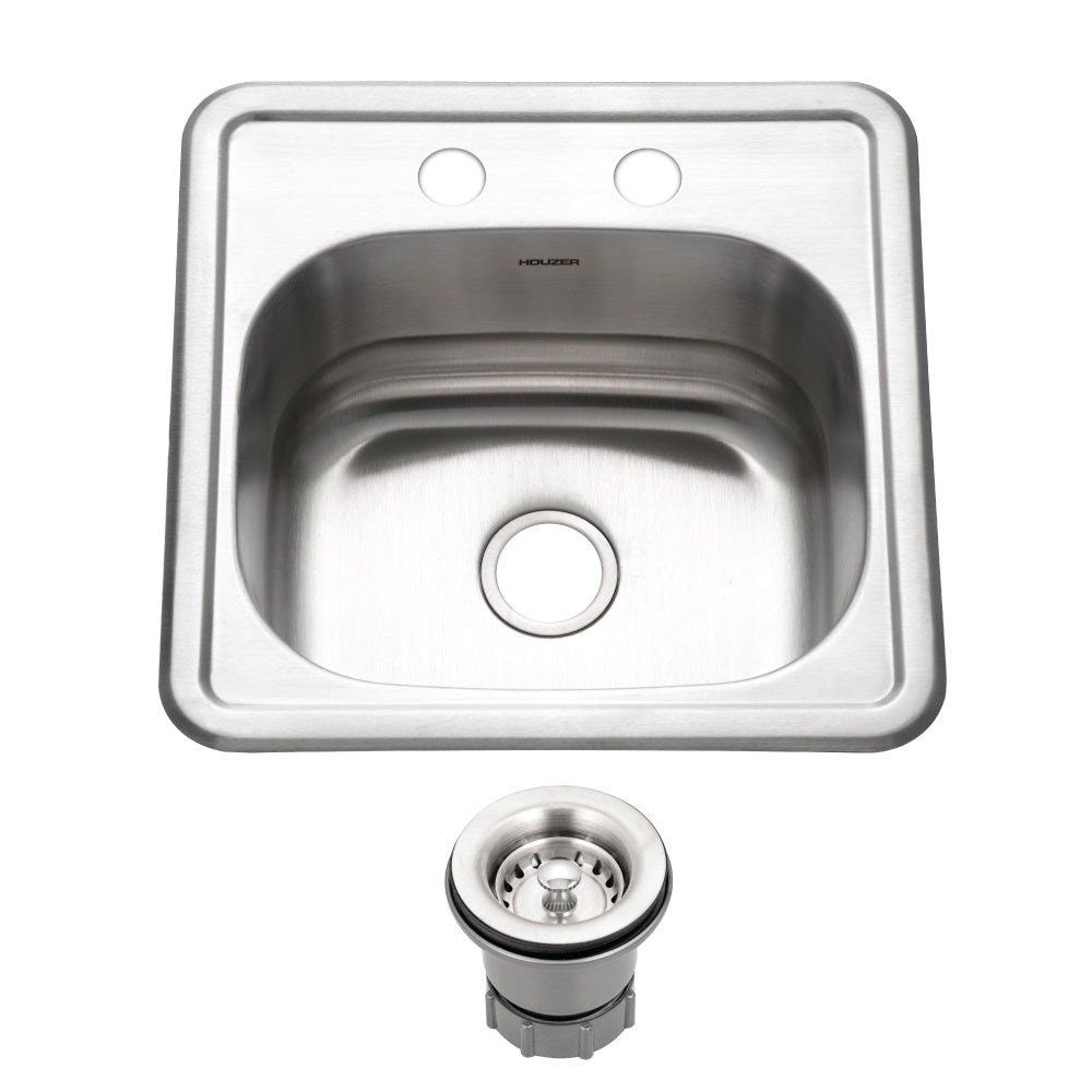 Houzer 1515-6BS-C Hospitality 15 Inch Stainless Steel Drop-In Topmount 2-Hole Bar and Prep Sink