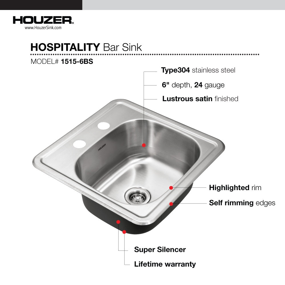 Houzer 1515-6BS-C Hospitality 15 Inch Stainless Steel Drop-In Topmount 2-Hole Bar and Prep Sink