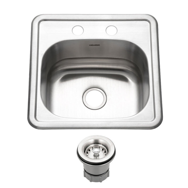 Houzer 1515-6BS-C Hospitality 15 Inch Stainless Steel Drop-In Topmount 2-Hole Bar and Prep Sink