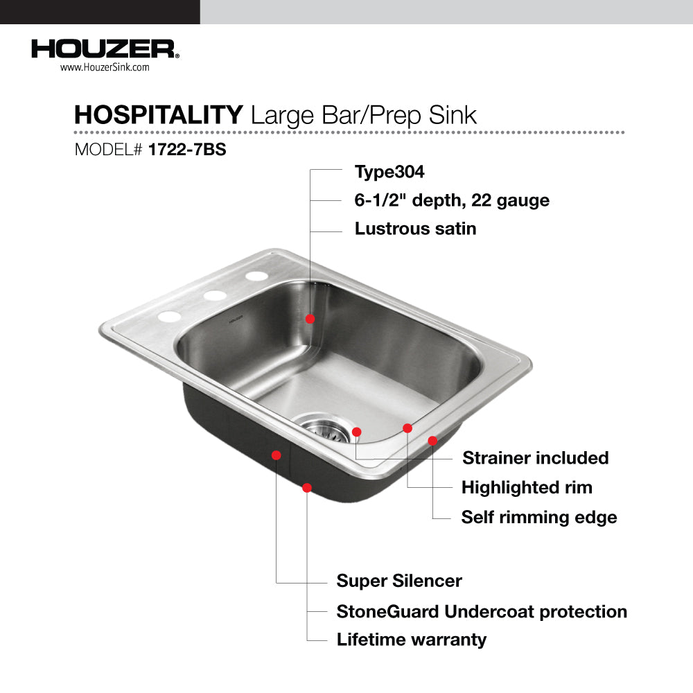 Houzer 1722-7BS-1 Hospitality 17 Inch Stainless Steel Drop-In Topmount 3-Hole Large Bar and Prep Sink