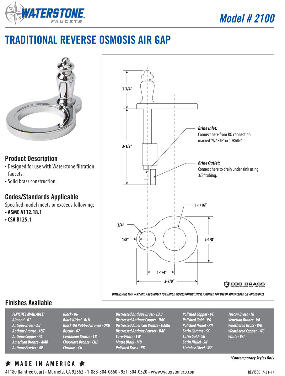 Waterstone 2100 Traditional Reverse Osmosis Air Gap - Parent
