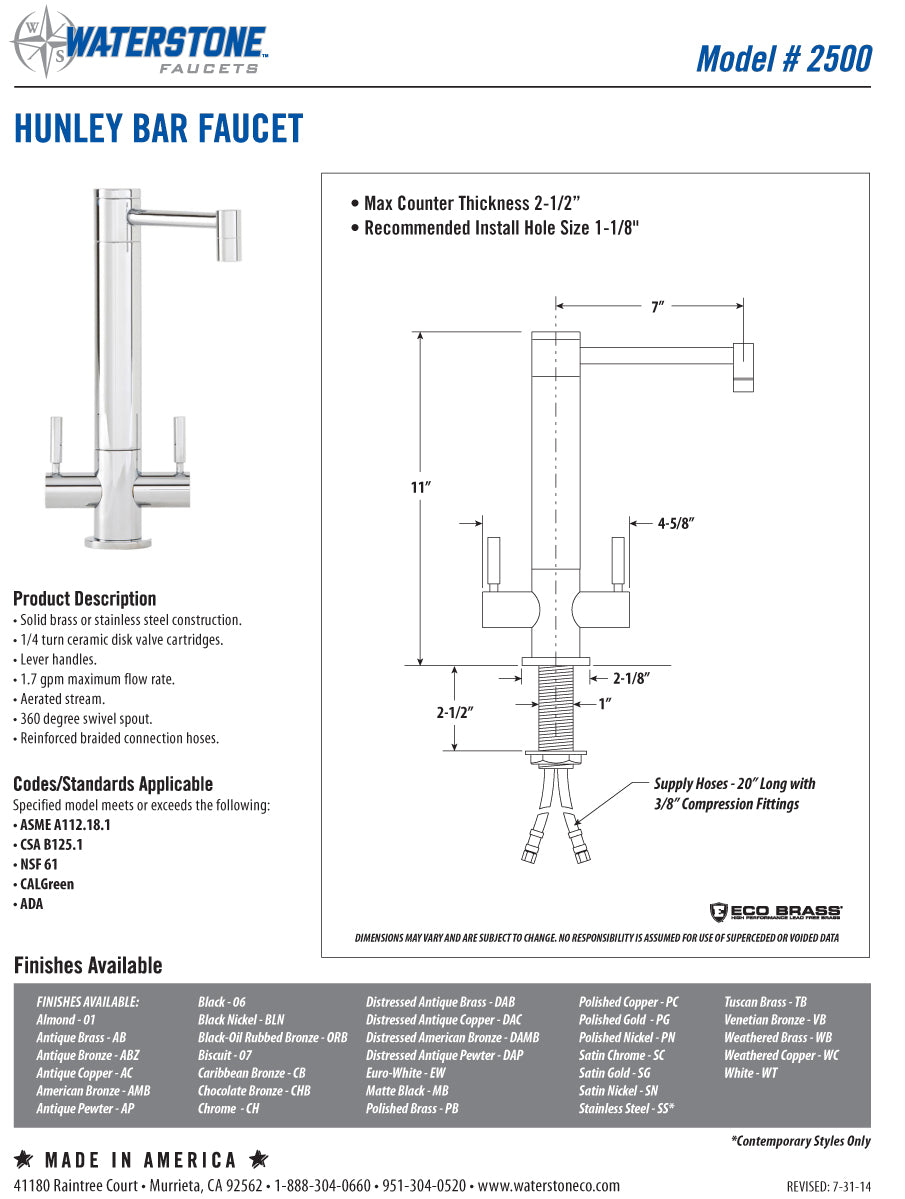 Waterstone 2500 Hunley Bar Faucet - Parent