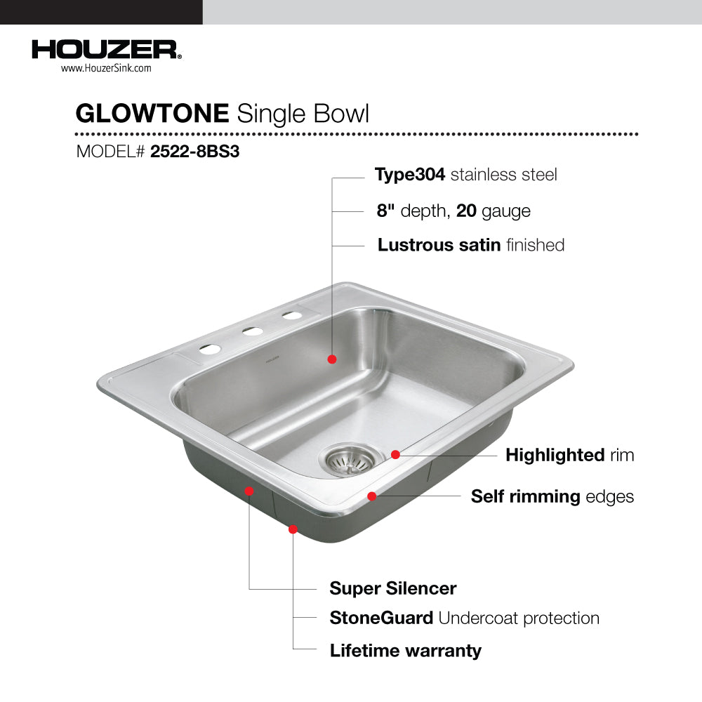 Houzer Glowtone Stainless Steel Drop-in Topmount 3-hole Single Bowl Kitchen Sink - Parent