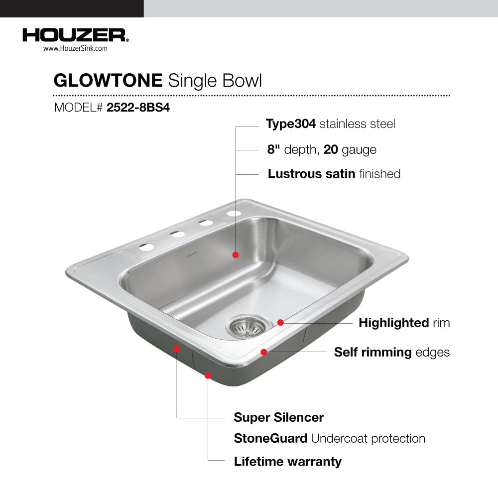 Houzer Glowtone Stainless Steel Drop-in Topmount 4-hole Single Bowl Kitchen Sink - Parent
