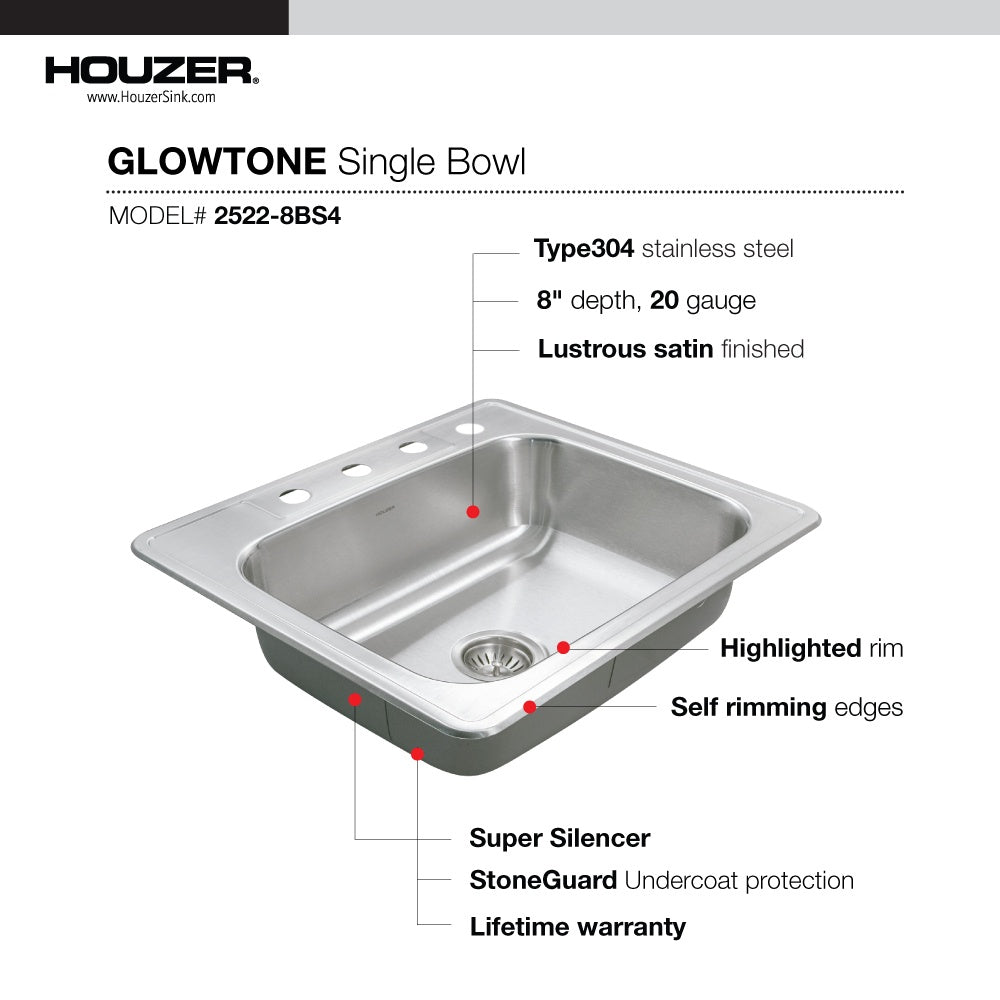 Houzer Glowtone Stainless Steel Drop-in Topmount 4-hole Single Bowl Kitchen Sink - Parent