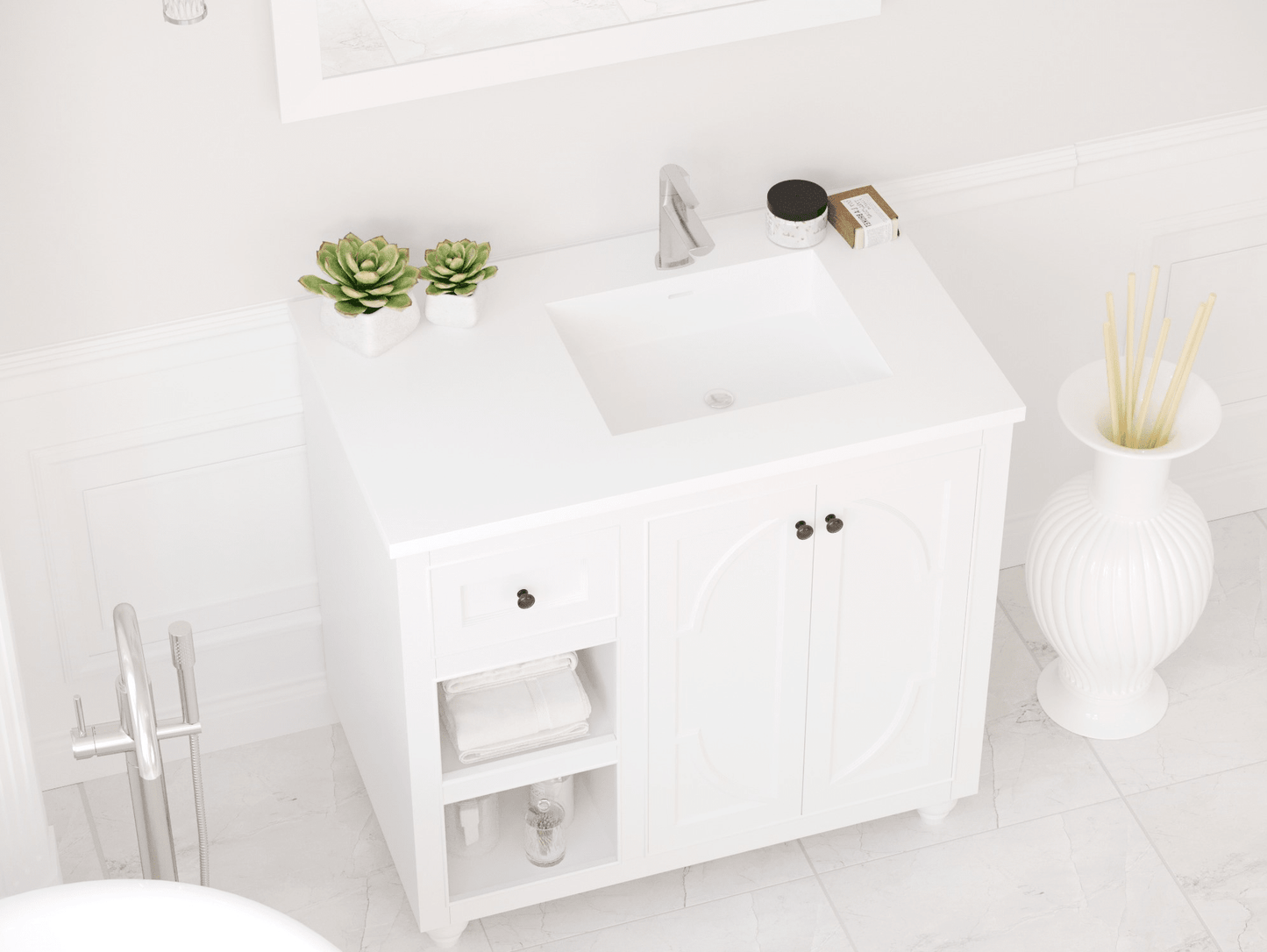 Laviva 313SQ1HSS-36R-MW Forever VIVA Stone 36" Solid Surface Countertop with Right Offset Integrated Sink