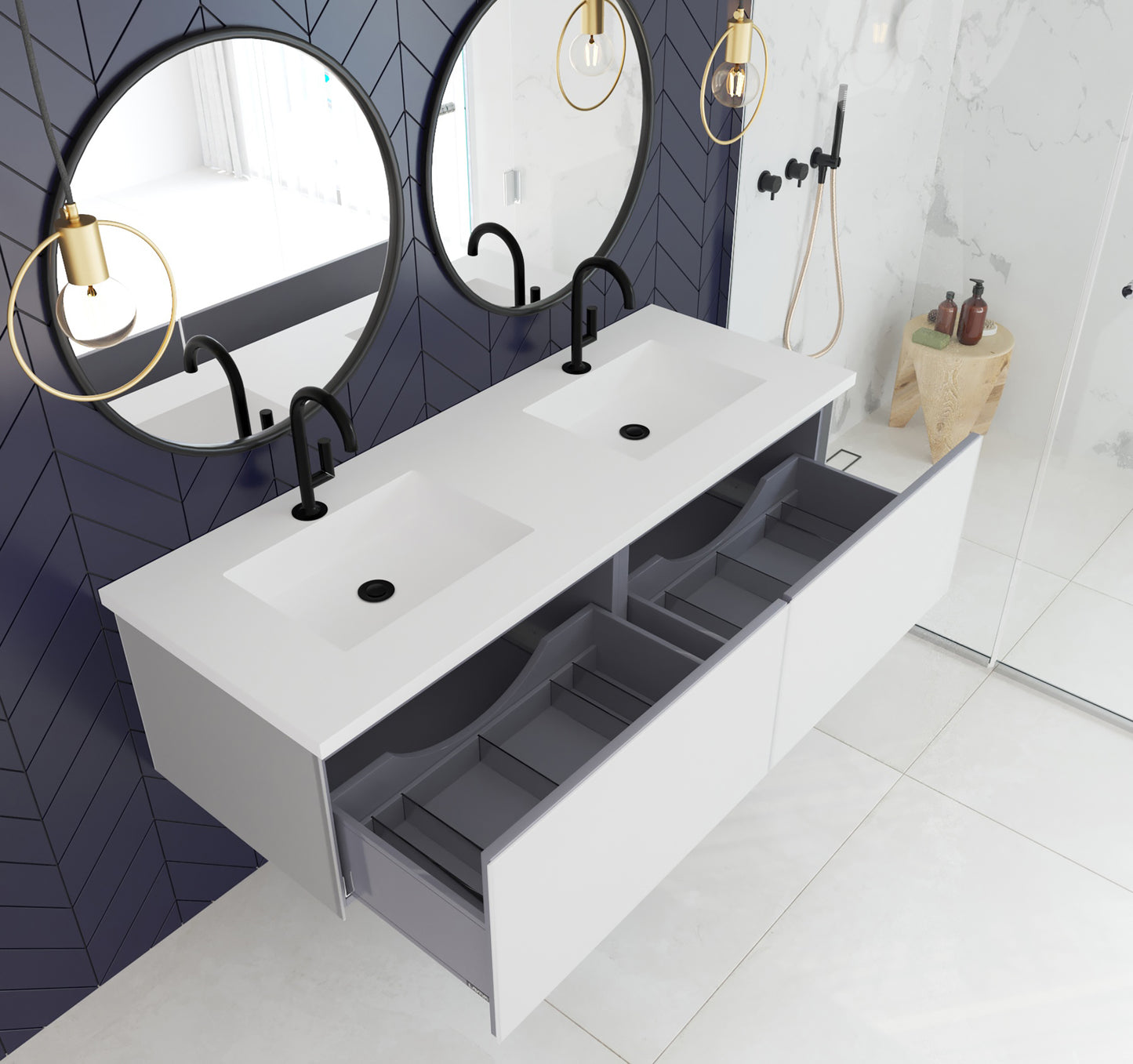 Laviva 313VTR-60DCW Vitri 60" Double Sink Bathroom Vanity with VIVA Stone Solid Surface Countertop