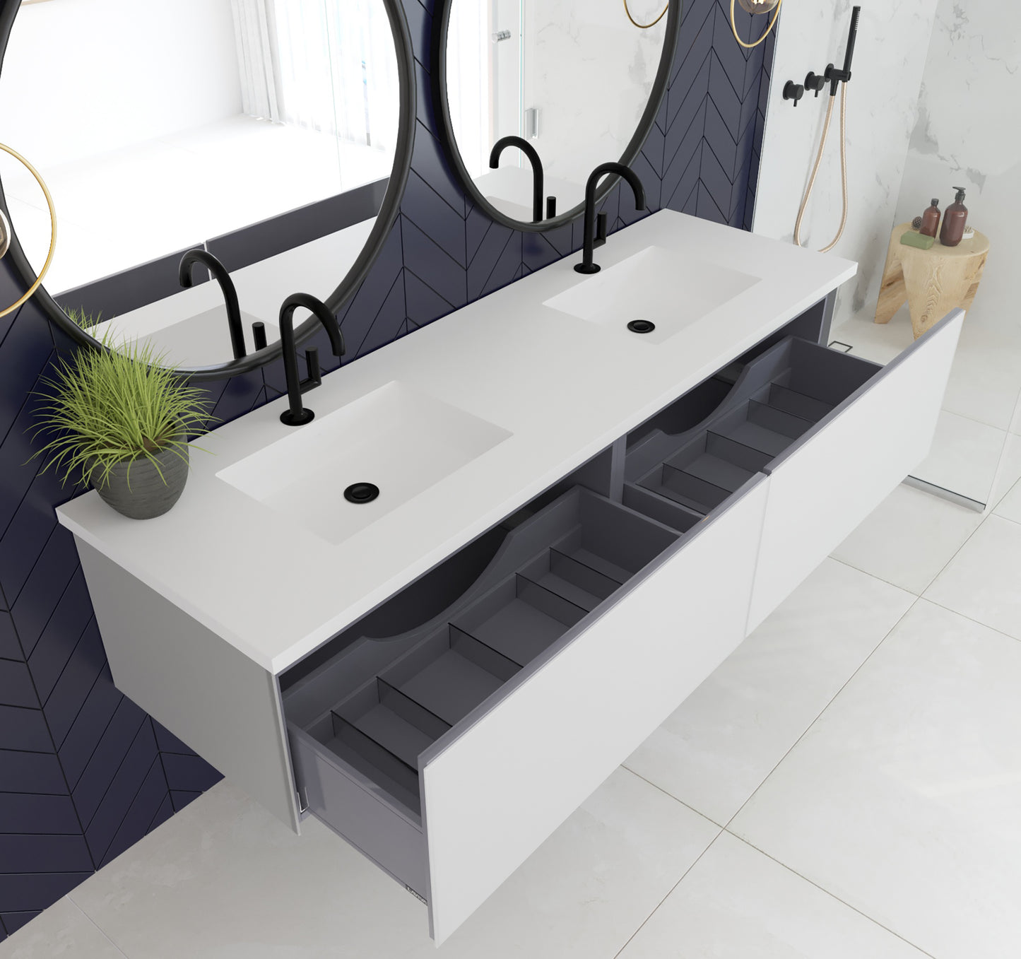 Laviva 313VTR-72DCW Vitri 72" Double Sink Bathroom Vanity with VIVA Stone Solid Surface Countertop