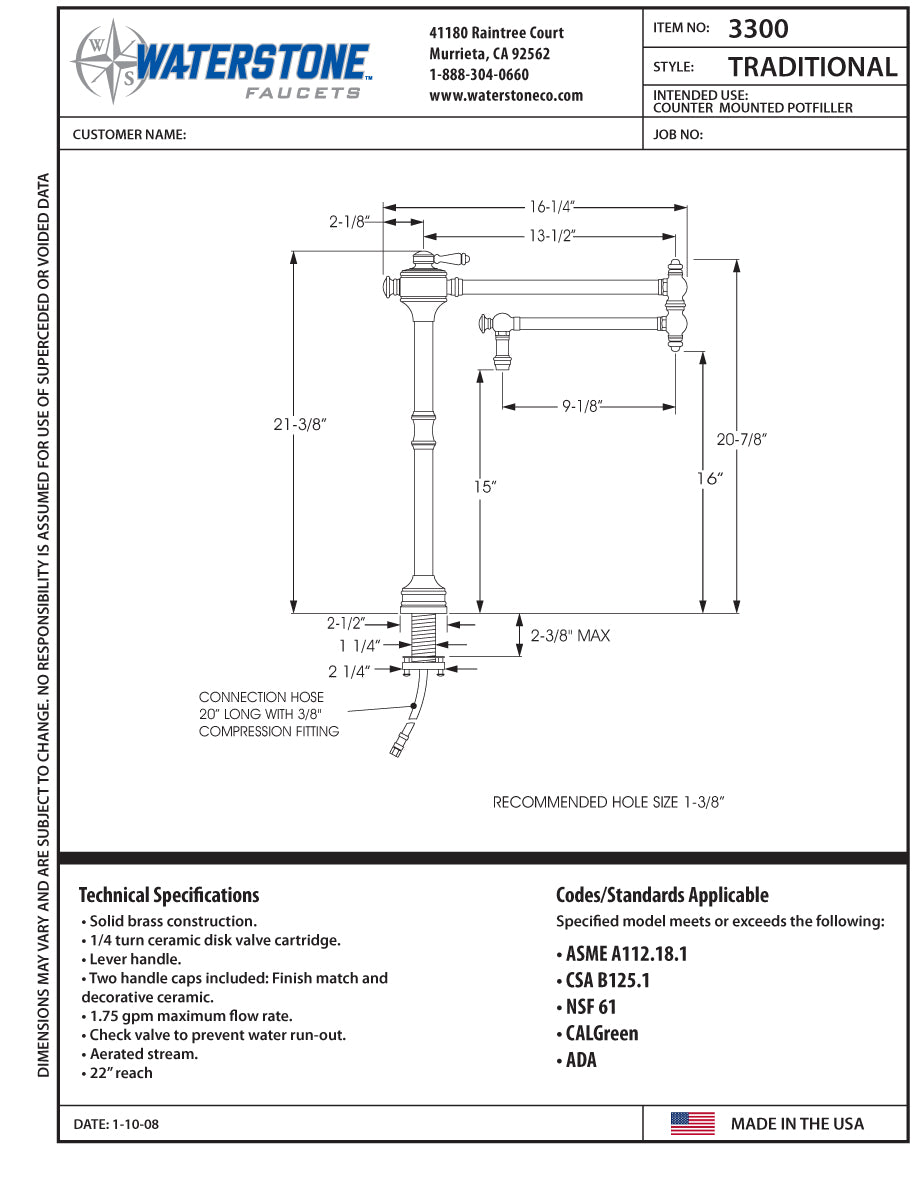 Waterstone 3300 Traditional Counter Mounted Potfiller - Lever Handle - Parent