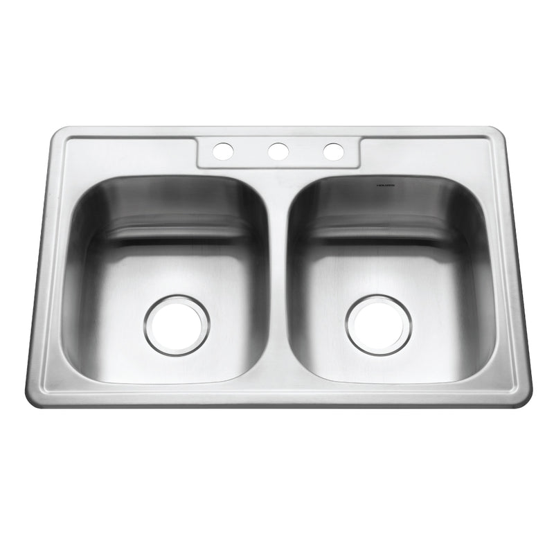 Houzer 3322-8BS3-36 Glowtone 33" Stainless Steel Drop-In Topmount 3-Hole 50/50 Double Bowl Kitchen Sink