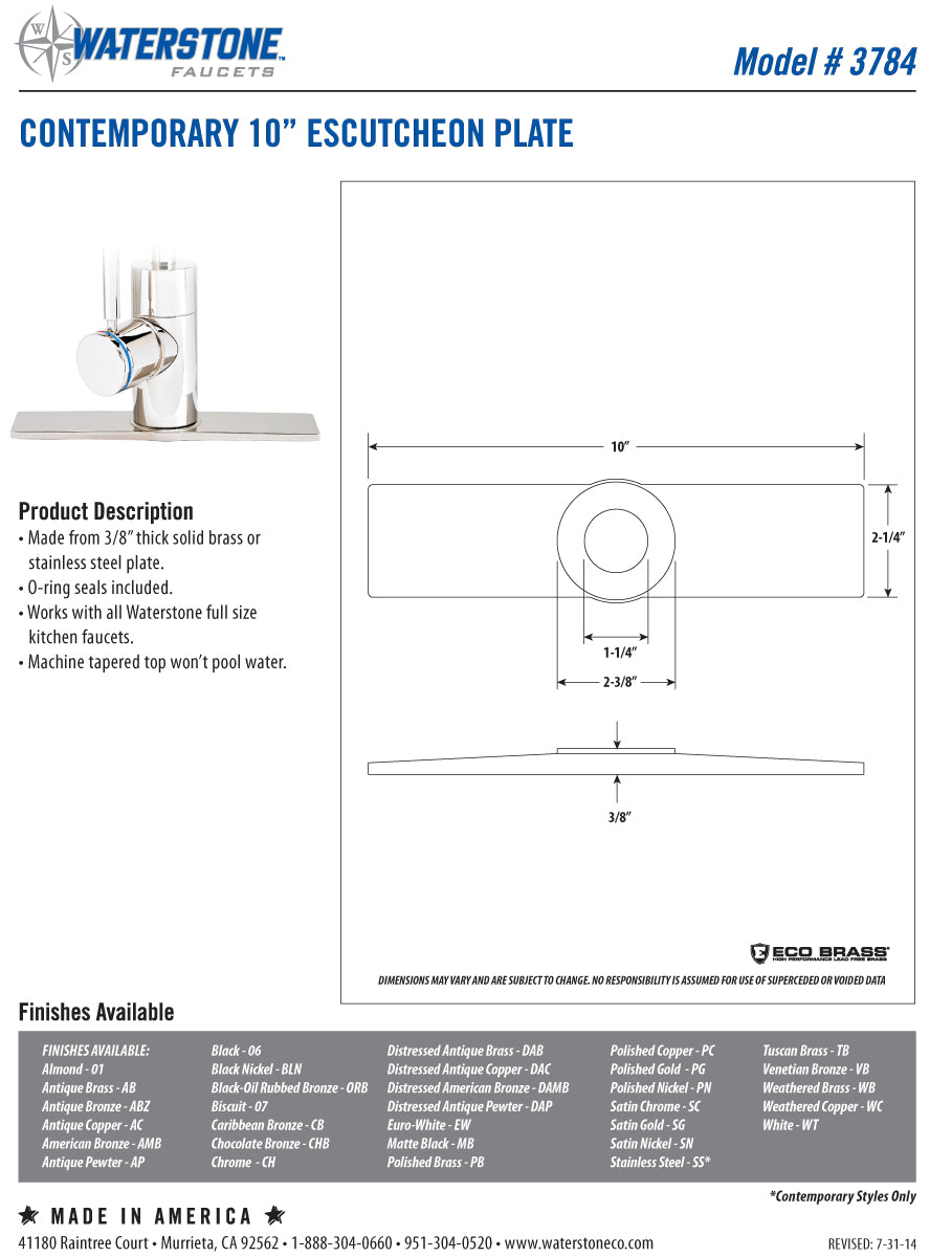 Waterstone 3784 Contemporary 10" Escutcheon Base Plate - Parent