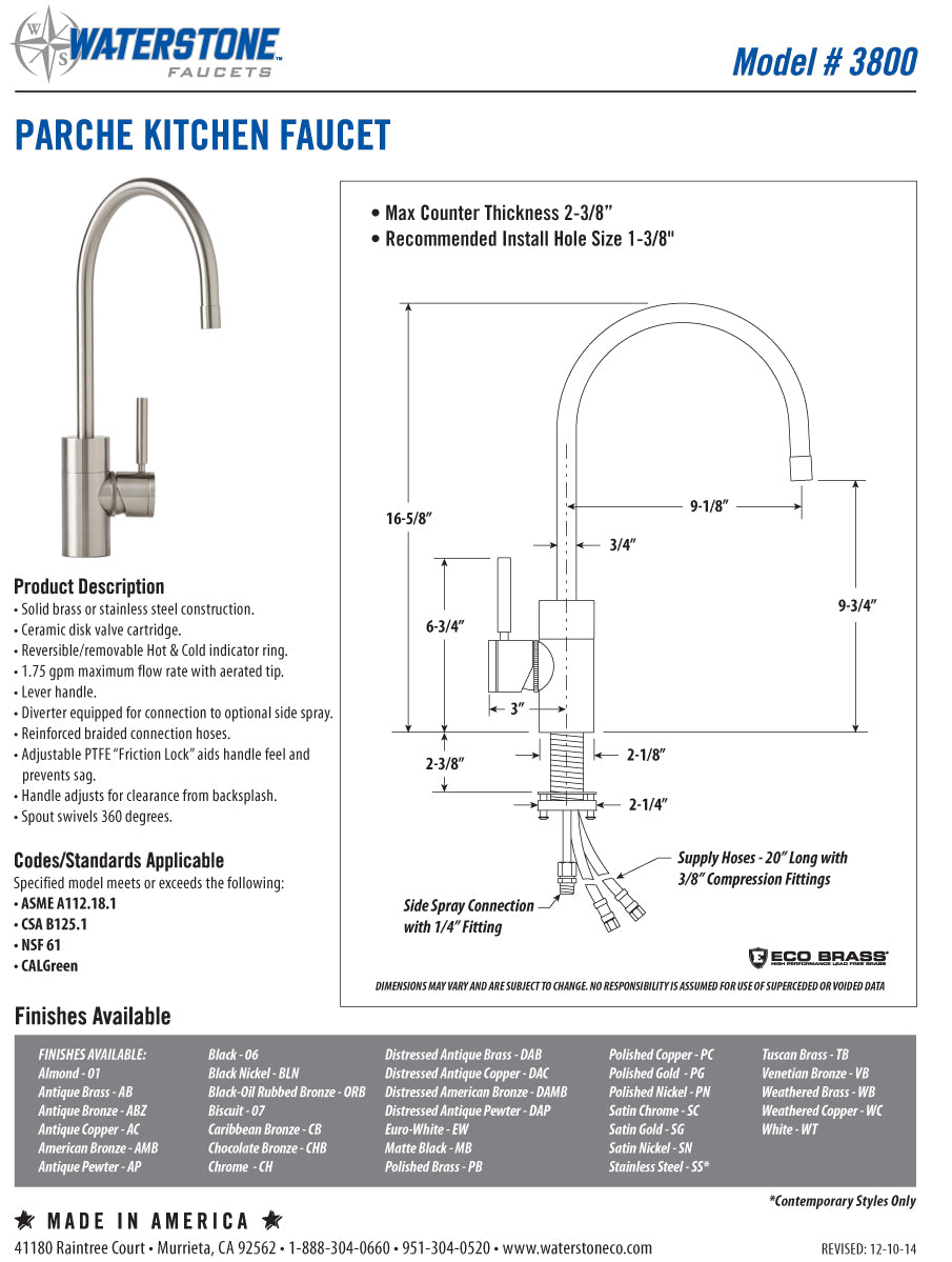 Waterstone 3800-1 Parche Kitchen Faucet w/Side Spray – Plumbing Overstock
