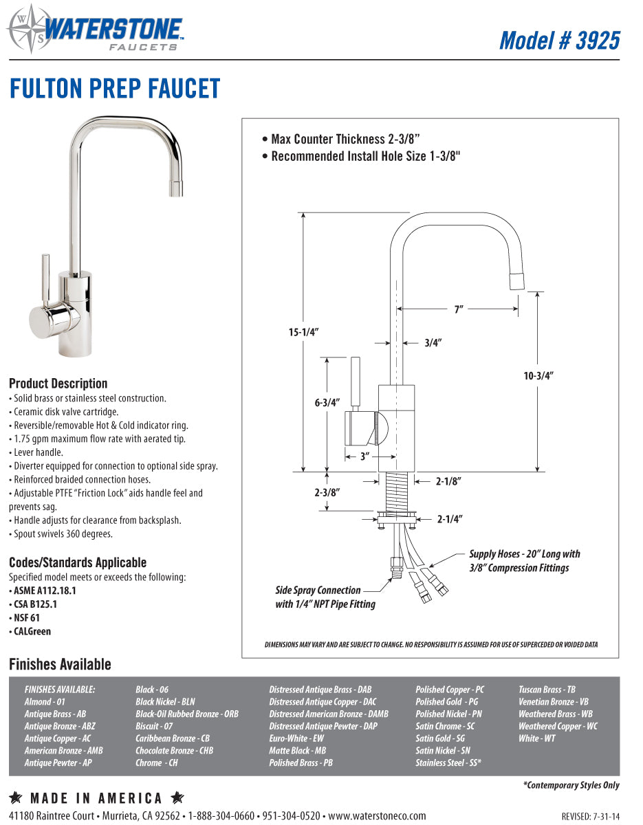Waterstone 3925 Fulton Prep Faucet - Parent