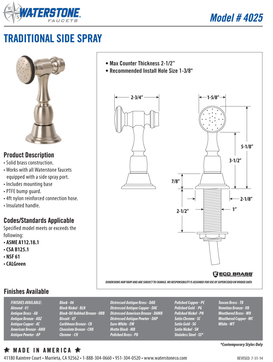 Waterstone 4900-1 Hampton Prep Faucet w/Side Spray - Parent