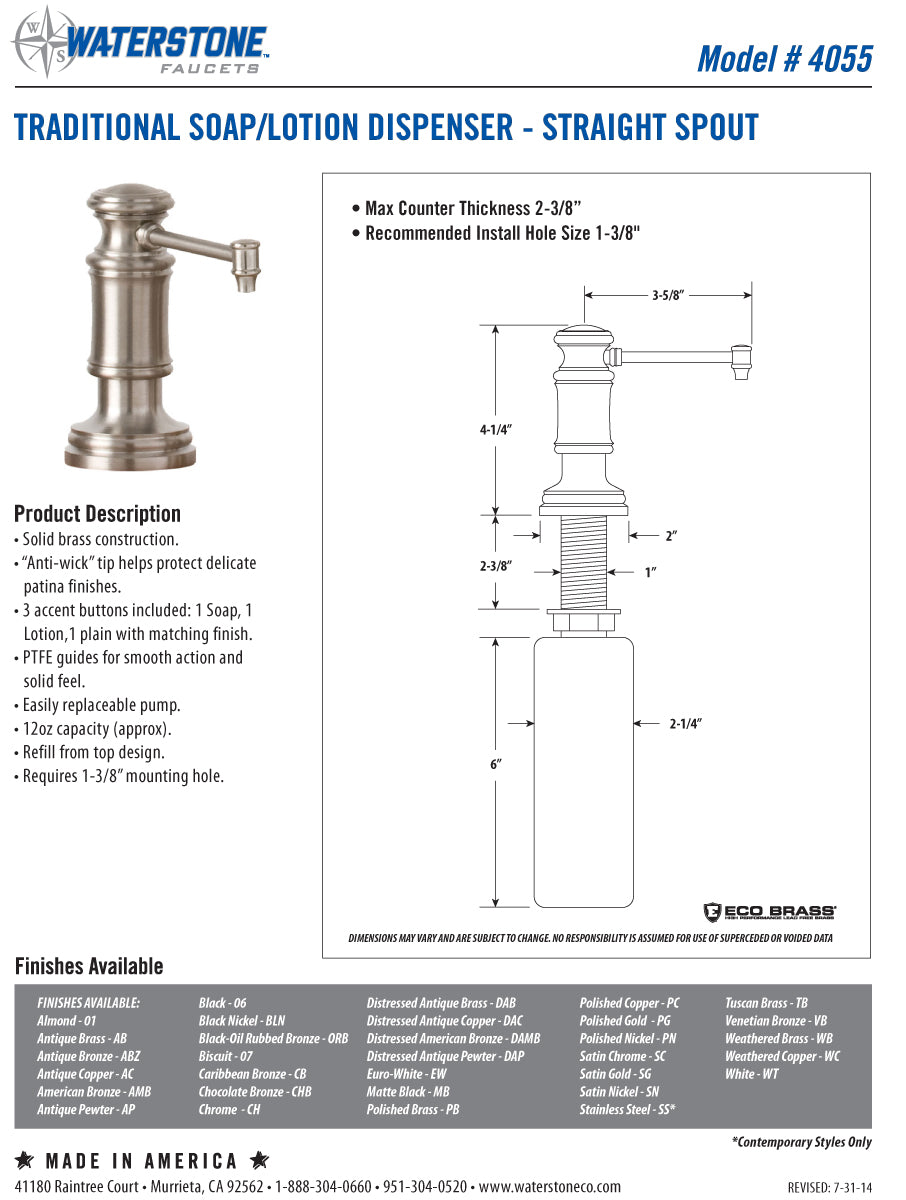 Waterstone 4055 Traditional Soap Lotion Dispenser Straight Spout - Parent