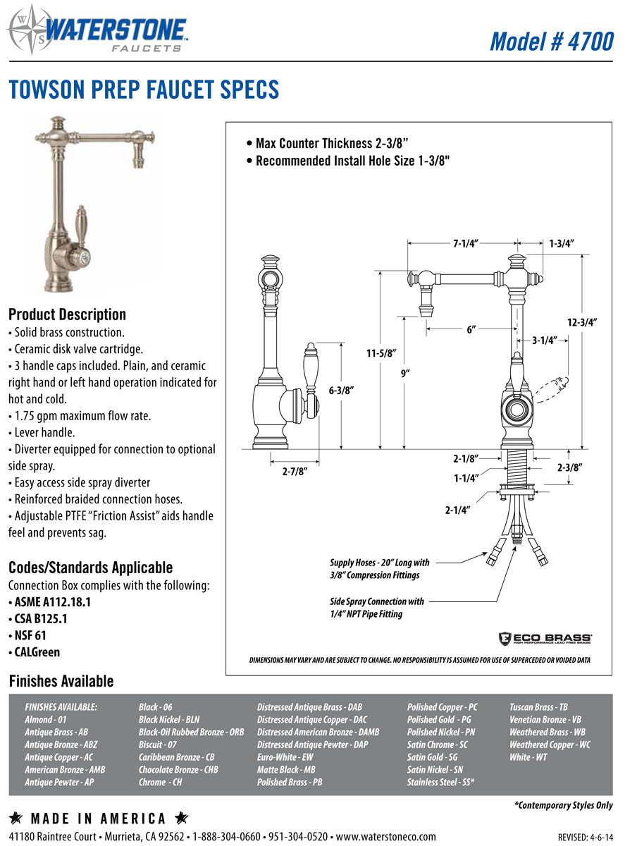 Waterstone 4700 Towson Prep Faucet - Parent