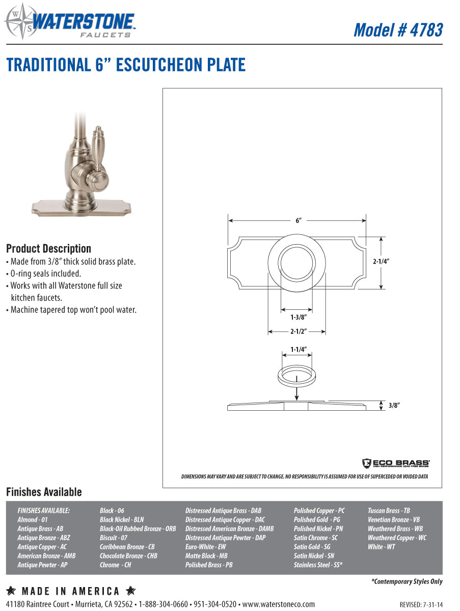 Waterstone 4783 Traditional 6" Escutcheon Base Plate - Parent