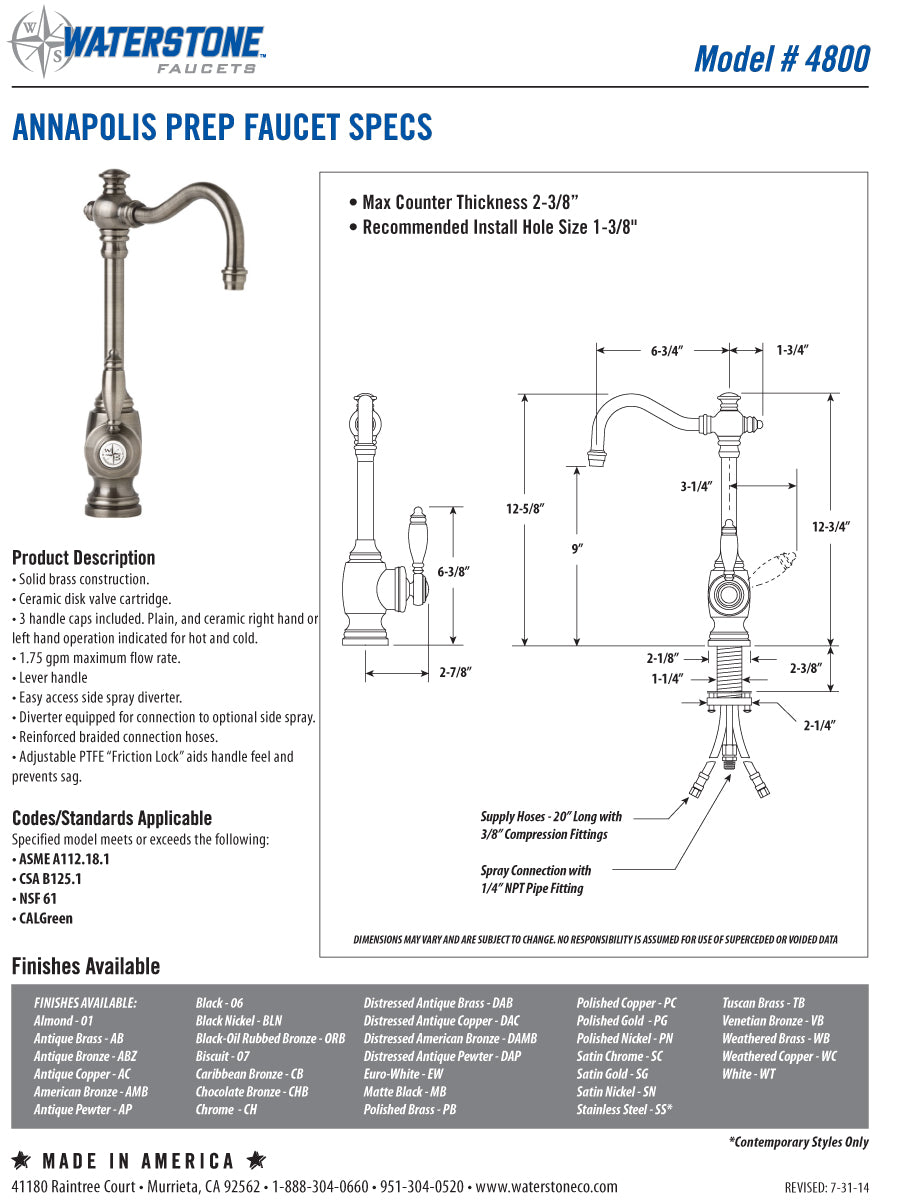 Waterstone 4800-1 Annapolis Prep Faucet w/Side Spray - Parent