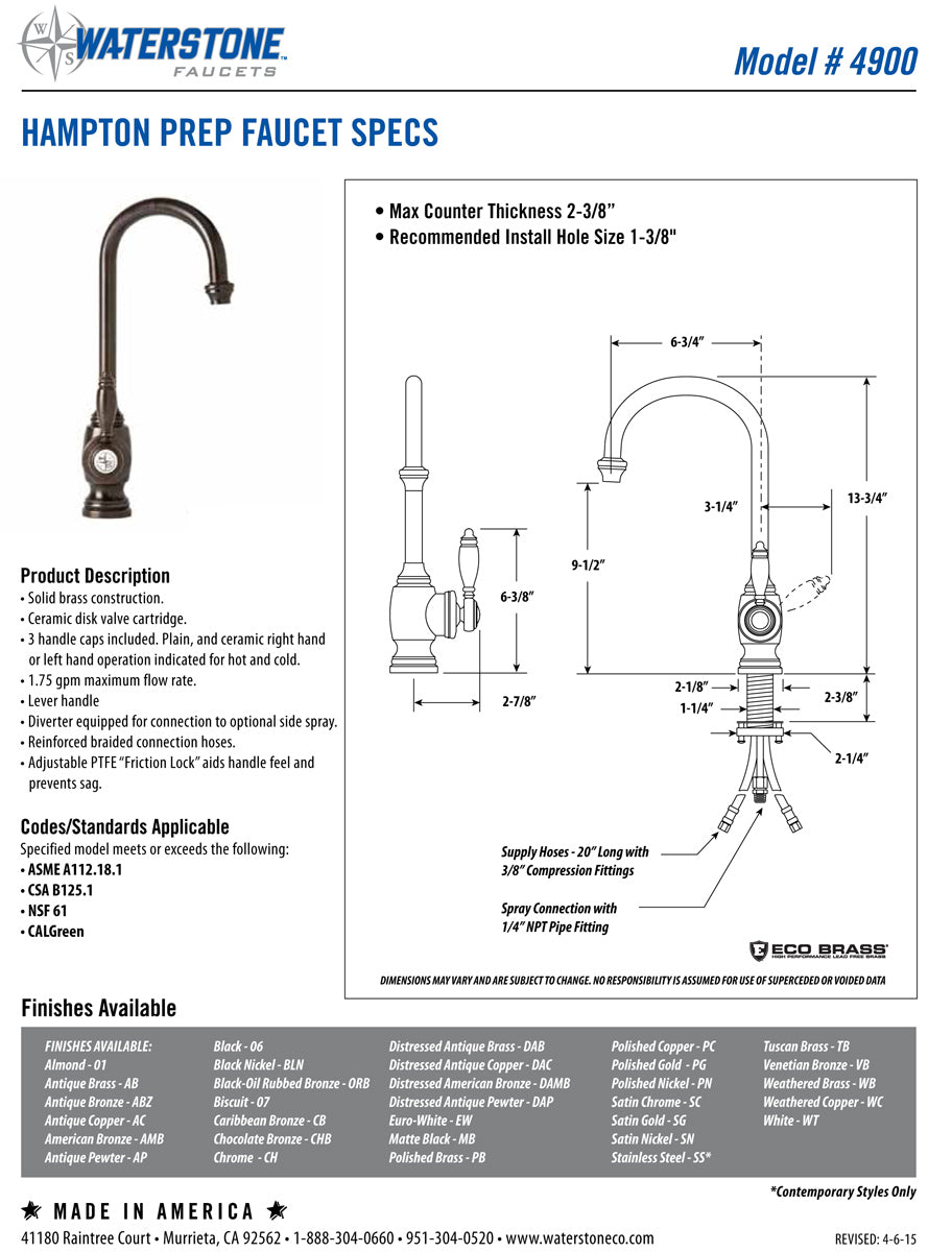 Waterstone 4900-1 Hampton Prep Faucet w/Side Spray - Parent