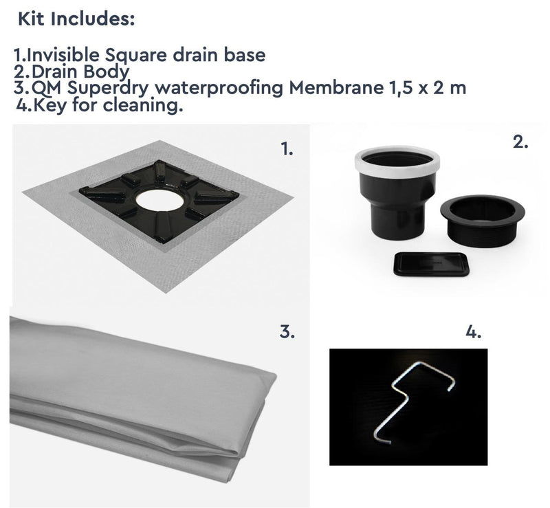 QM Drains 55.100.16.16 VO Invisible Square Drain 16"