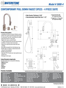 Waterstone 5800-4 Transitional Standard Reach PLP Pulldown Faucet - Level Sprayer 4pc. Suite