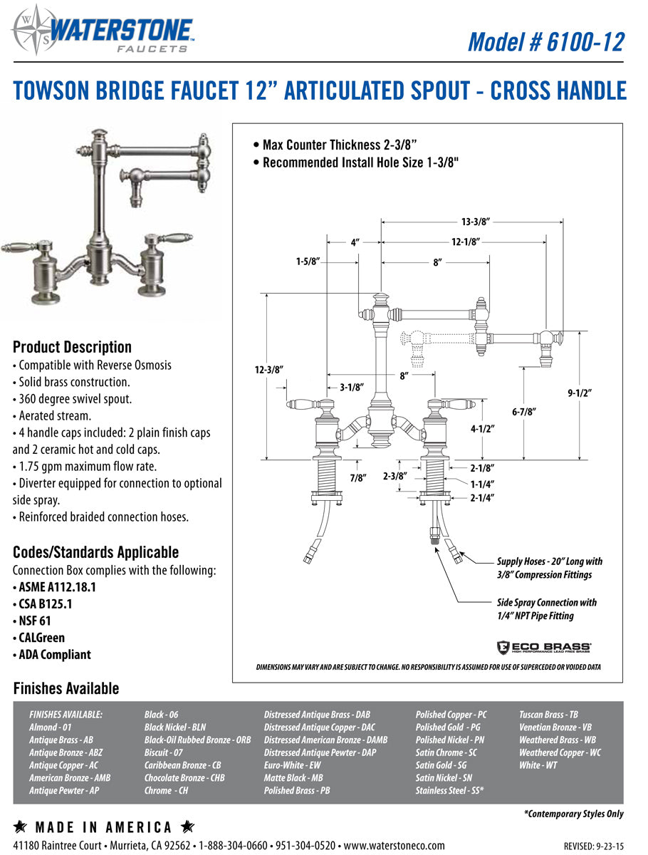 Waterstone 6100-12 Towson Bridge Faucet w/12" Articulated Spout - Lever Handles - Parent