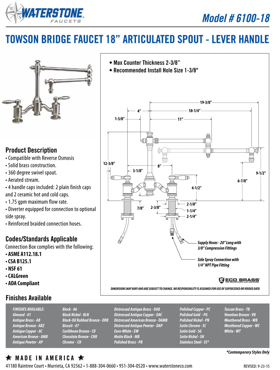 Waterstone 6100-18 Towson Bridge Faucet w/18" Articulated Spout - Lever Handles - Parent