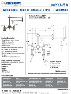 Waterstone 6100-18-1 Towson Bridge Faucet w/18" Articulated Spout - Lever Handles w/Side Spray