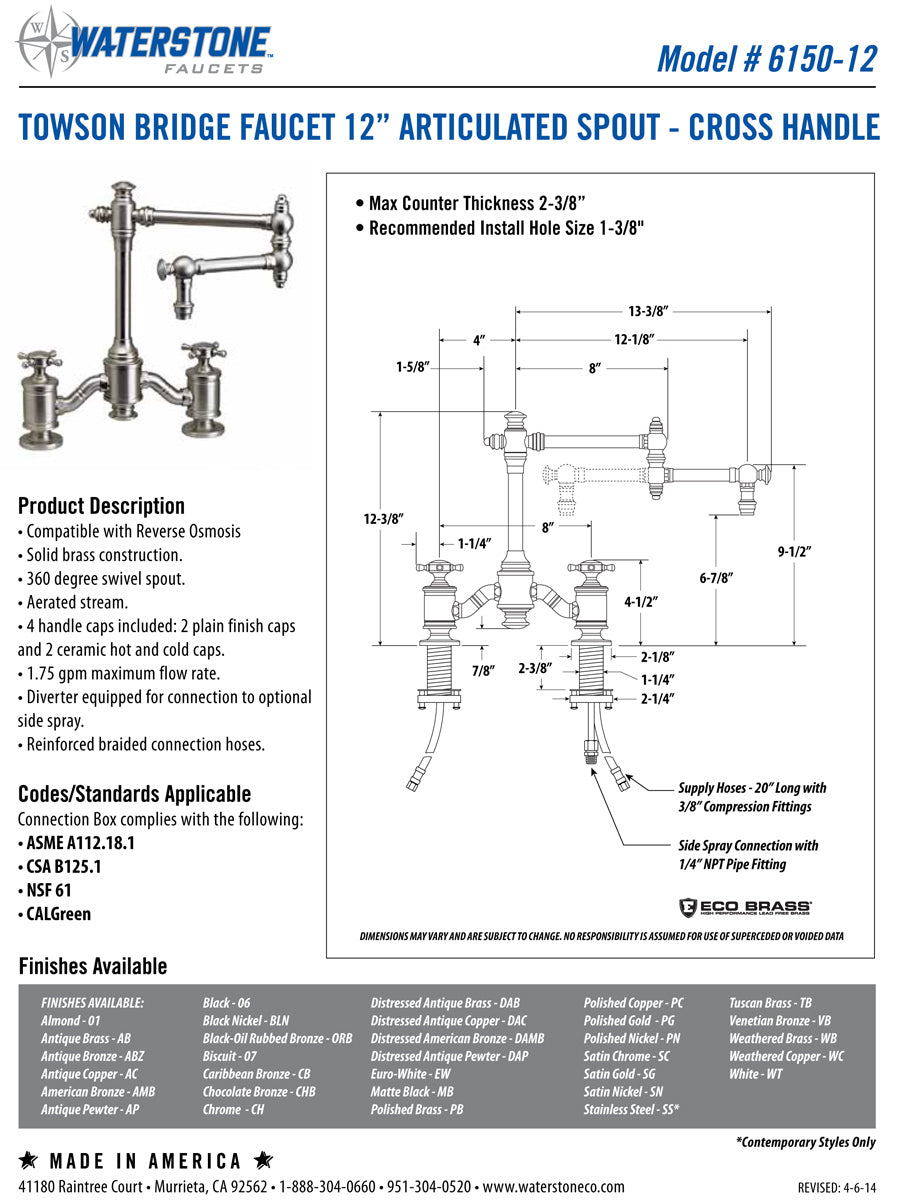 Waterstone 6150-12 Towson Bridge Faucet w/12" Articulated Spout - Cross Handles - Parent