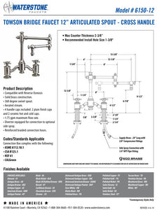 Waterstone 6150-12-2 Towson Bridge Faucet w/12" Articulated Spout - Cross Handles 2pc. Suite