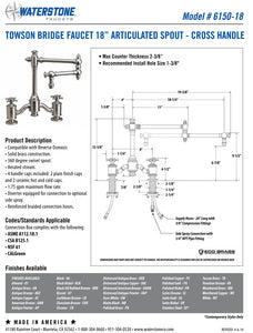 Waterstone 6150-18 Towson Bridge Faucet w/18" Articulated Spout - Cross Handles