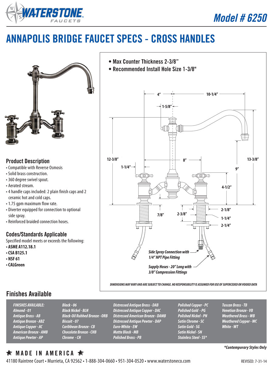 Waterstone 6250-1 Annapolis Bridge Faucet - Cross Handles w/Side Spray - Parent