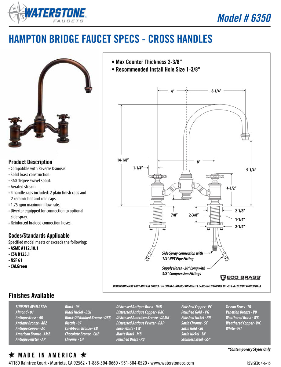 Waterstone 6350 Hampton Bridge Faucet - Cross Handles - Parent