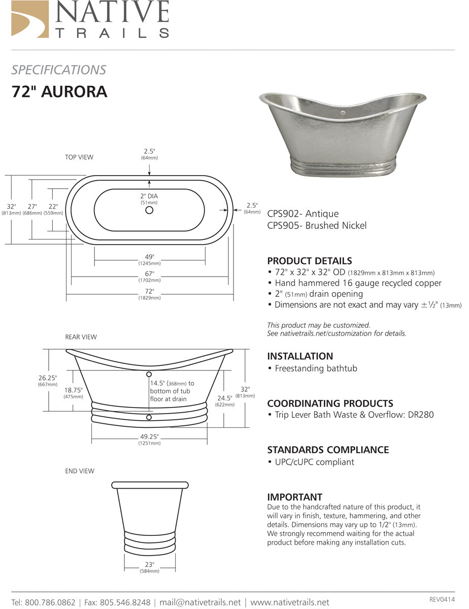 Native Trails CPS90 72" Aurora Copper Bath Tub - Parent