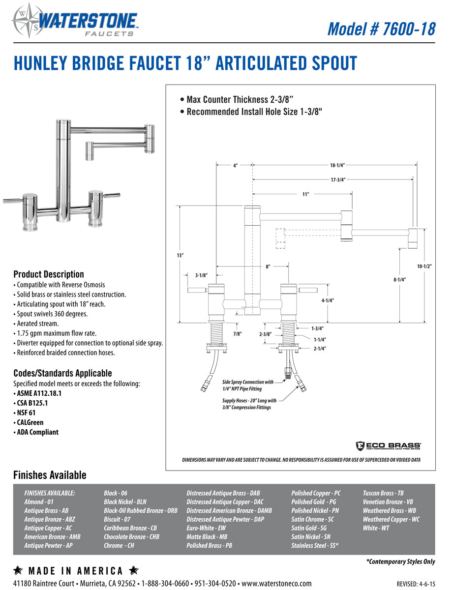 Waterstone 7600-18-1 Hunley Bridge Faucet - 18" Articulated Spout w/Side Spray - Parent