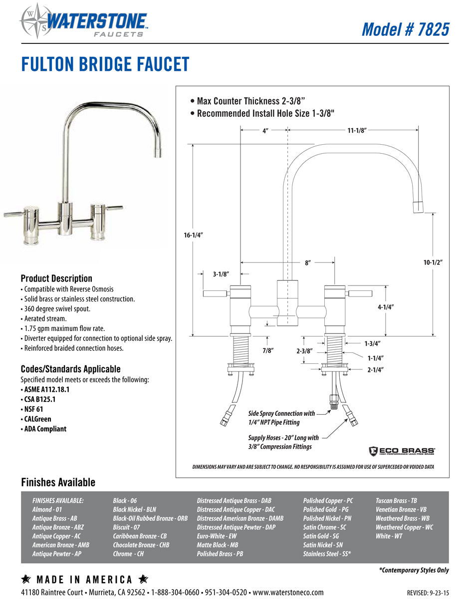 Waterstone 7825-1 Fulton Bridge Faucet w/Side Spray - Parent