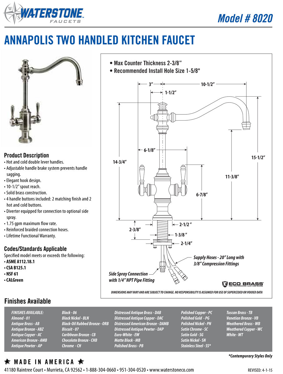 Waterstone 8020 Annapolis Two Handle Kitchen Faucet - Parent