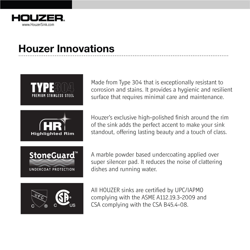 Houzer A1722-7BS-10 Glowtone ADA Compliant 17 Inch Stainless Steel Drop-In Topmount 3-Hole Large Bar and Prep Sink