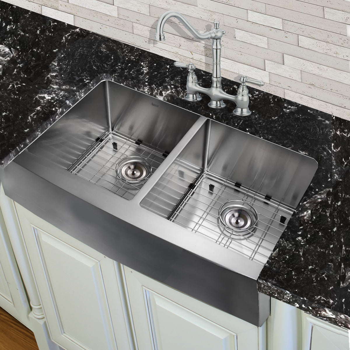 Nantucket Sinks APRON332210-DBL-SR 33 Inch Double Bowl Farmhouse Apron Front Stainless Steel Kitchen Sink