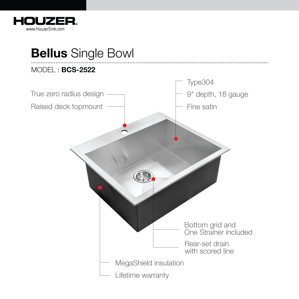 Houzer BCS-2522 Bellus 25 Inch Stainless Steel Drop-In Topmount 1-Hole Single Bowl Kitchen Sink