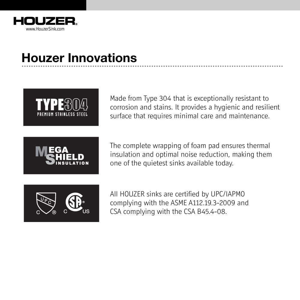 Houzer BCS-2522 Bellus 25 Inch Stainless Steel Drop-In Topmount 1-Hole Single Bowl Kitchen Sink