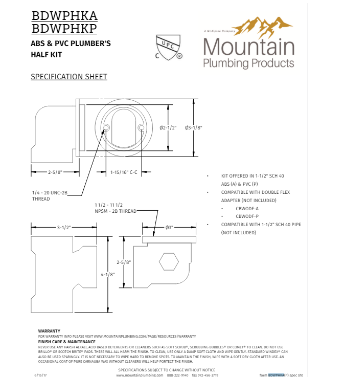 Mountain Plumbing BDWPHKA Complete Plumbers Half Kit In ABS