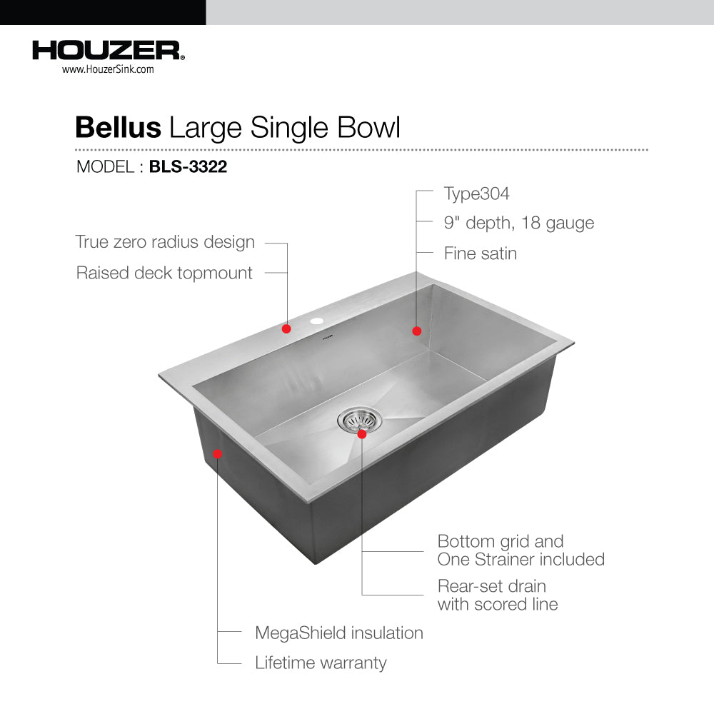 Houzer BLS-3322 Bellus 33 Inch Stainless Steel Drop-In Topmount 1-Hole Single Bowl Kitchen Sink
