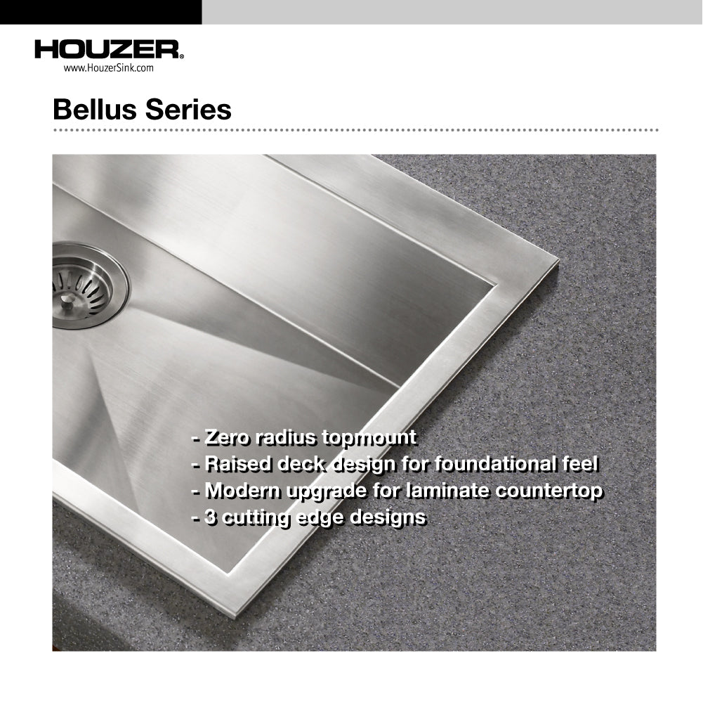 Houzer BLS-3322 Bellus 33 Inch Stainless Steel Drop-In Topmount 1-Hole Single Bowl Kitchen Sink