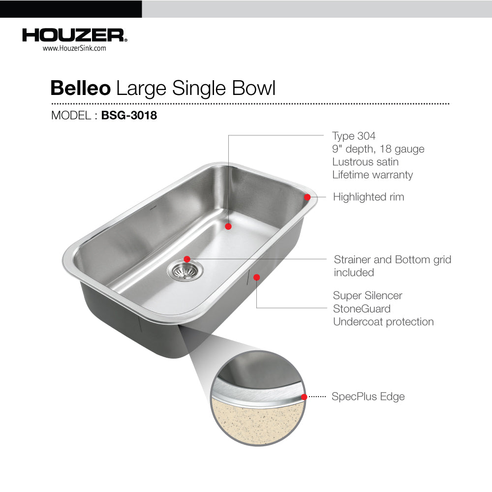 Houzer BSG-3018 Belleo 32 Inch Stainless Steel Drop-In Topmount Single Bowl Kitchen Sink